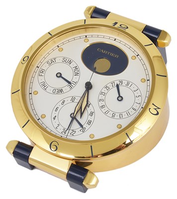 Lot 417 - A CARTIER 'PASHA' DUAL TIME ZONE CALENDAR DESK CLOCK WITH MOON PHASE, CIRCA 1995