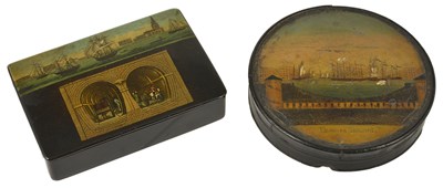 Lot 444 - TWO BLACK LACQUER THAMES TUNNEL SOUVENIR SNUFF BOXES