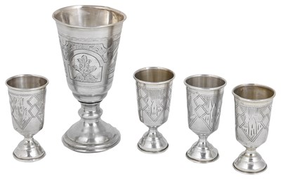 Lot 532 - A SET OF FOUR RUSSIAN SILVER VODKA TOTS (OR KIDDUSH CUPS)