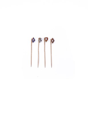 Lot 543 - KARL FABERGE: SET OF FOUR GOLD AND ENAMEL TIE PINS