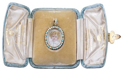 Lot 566 - ~SEED PEARL AND TURQUOISE PORTRAIT MINIATURE LOCKET