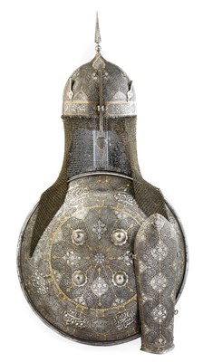 Lot 40 - A PERSIAN DECORATED GARNITURE COMPRISING HELMET (KULAH KHUD)