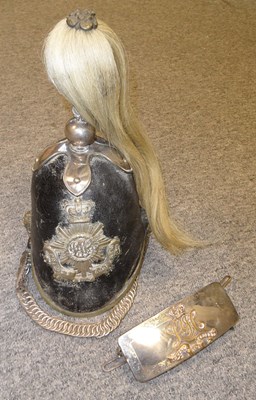 Lot 137 - A BLACK LEATHER CAVALRY HELMET AND SILVER-MOUNTED CARTOUCHE POUCH OF 11TH (PRINCE ALBERT'S OWN) HUSS