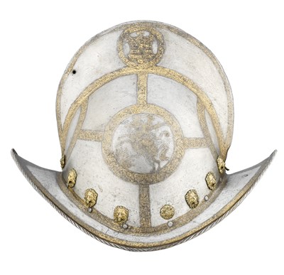 Lot 182 - A RARE GERMAN ETCHED AND GILT MORION OF THE TRABANTENLEIBGARDE OF THE ELECTORS OF SAXONY