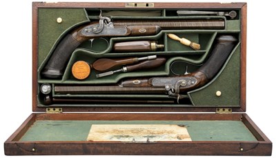 Lot 214 - A FINE CASED PAIR OF 40 BORE PERCUSSION RIFLED DUELLING PISTOLS BY J. PURDEY