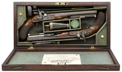 Lot 215 - A CASED PAIR OF 40 BORE PERCUSSION RIFLED DUELLING PISTOLS BY JOHN MANTON & SON