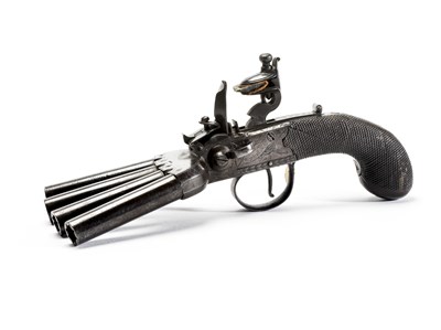 Lot 216 - A RARE 54 BORE FOUR SHOT FLINTLOCK TAP-ACTION VOLLEY PISTOL