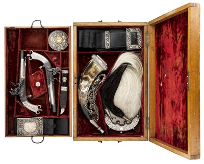 Lot 218 - A COMPOSED CASED HIGHLAND DRESS GARNITURE COMPRISING A PAIR OF 32 BORE FLINTLOCK BELT PISTOLS