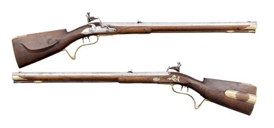 Lot 226 - AN UNSUAL PAIR OF .650 CALIBRE GERMAN FLINTLOCK RIFLED SPORTING CARBINES BY WALTHER