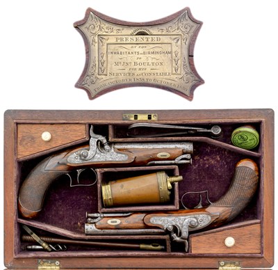 Lot 233 - A PAIR OF .500 CALIBRE PERCUSSION RIFLED TRAVELLING PISTOLS PRESENTED TO JOHN BOULTON
