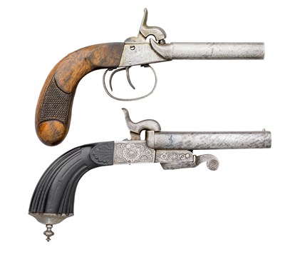 Lot 243 - AN 80 BORE D.B. CONTINENTAL PERCUSSION POCKET PISTOL AND A 54 BORE CONTINENTAL PIN-FIRE PISTOL