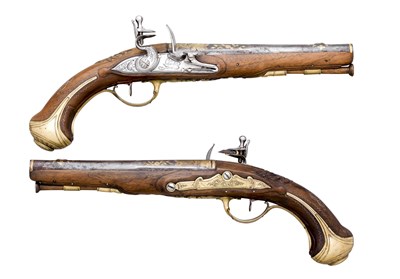 Lot 245 - A PAIR OF 22 BORE FRENCH FLINTLOCK HOLSTER PISTOLS BY LABORDE