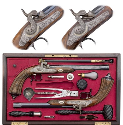 Lot 253 - A FINE CASED PAIR OF 40 BORE BELGIAN PERCUSSION RIFLED TARGET PISTOLS BY J. B. RONGÃ‰ FILS Ã€ LIÃˆGE