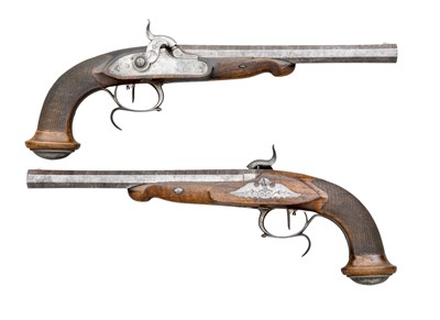 Lot 255 - A PAIR OF 25 BORE BELGIAN PERCUSSION RIFLED TARGET PISTOLS