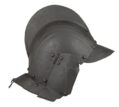 Lot 294 - A GERMAN BURGONET WITH EMBOSSED DECORATION IN THE 'BLACK AND WHITE' FASHION