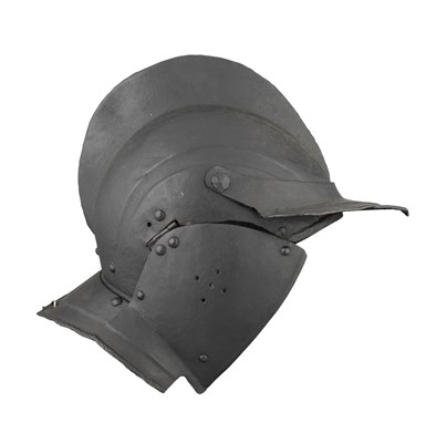 Lot 295 - A SOUTH GERMAN BURGONET WITH EMBOSSED DECORATION IN THE 'BLACK AND WHITE' FASHION