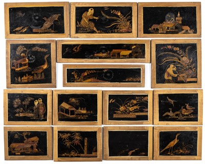 Lot 109 - A SET OF FIFTEEN JAPANNED PINE PANELS, PROBABLY ANGLO-DUTCH, LATE 17TH / EARLY 18TH CENTURY