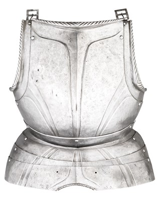 Lot 330 - A SOUTH GERMAN BREASTPLATE WITH EMBOSSED DECORATION IN THE 'BLACK AND WHITE' FASHION
