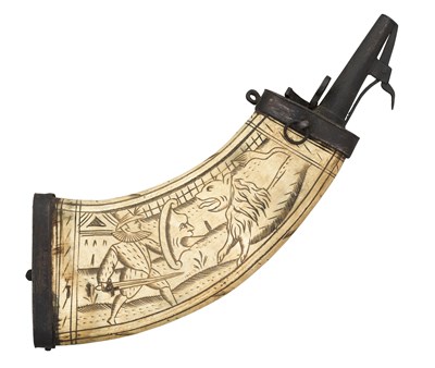 Lot 352 - A GERMAN ENGRAVED COWHORN POWDER-FLASK