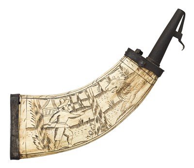 Lot 353 - A GERMAN ENGRAVED COWHORN POWDER-FLASK