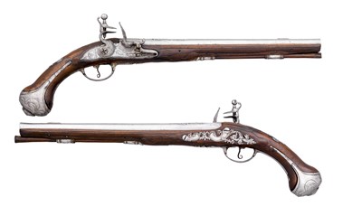 Lot 358 - A PAIR OF 18 BORE NORTH EUROPEAN LONG FLINTLOCK HOLSTER PISTOLS SIGNED L. VALLET