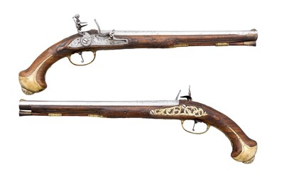 Lot 359 - A PAIR OF 18 BORE CENTRAL EUROPEAN FLINTLOCK HOLSTER PISTOLS BY CARL NESTOR IN PRIN