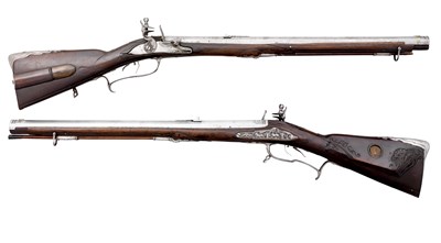 Lot 383 - A MATCHED PAIR OF .600 CALIBRE TYROLEAN FLINTLOCK RIFLED SPORTING CARBINES BY JOHANN NEIREITER IN SA