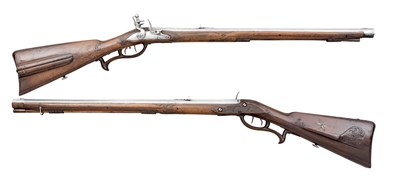 Lot 385 - A PAIR OF TYROLEAN 25 BORE FLINTLOCK RIFLED SPORTING CARBINES