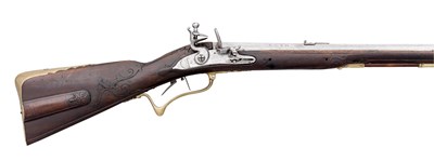 Lot 389 - AN 18 BORE GERMAN FLINTLOCK SPORTING RIFLE BY ROSS IN HALL