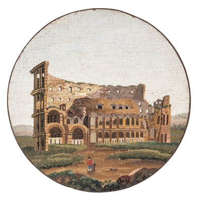 Lot 111 - AN ITALIAN MICROMOSAIC PLAQUE OF THE COLOSSEUM, ROME, CIRCA 1800