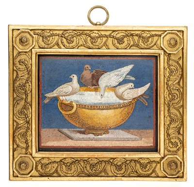 Lot 110 - AN ITALIAN MICROMOSAIC PANEL OF 'PLINY'S DOVES', ROME, LATE 18TH CENTURY