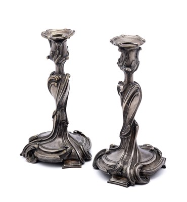 Lot 58 - A PAIR OF SILVERED BRONZE CANDLESTICKS, FRENCH, 19TH CENTURY