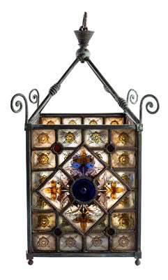 Lot 63 - AN ARTS AND CRAFTS BRASS LANTERN WITH MEDIEVAL AND LATER LEADED GLASS, LATE 19TH CENTURY