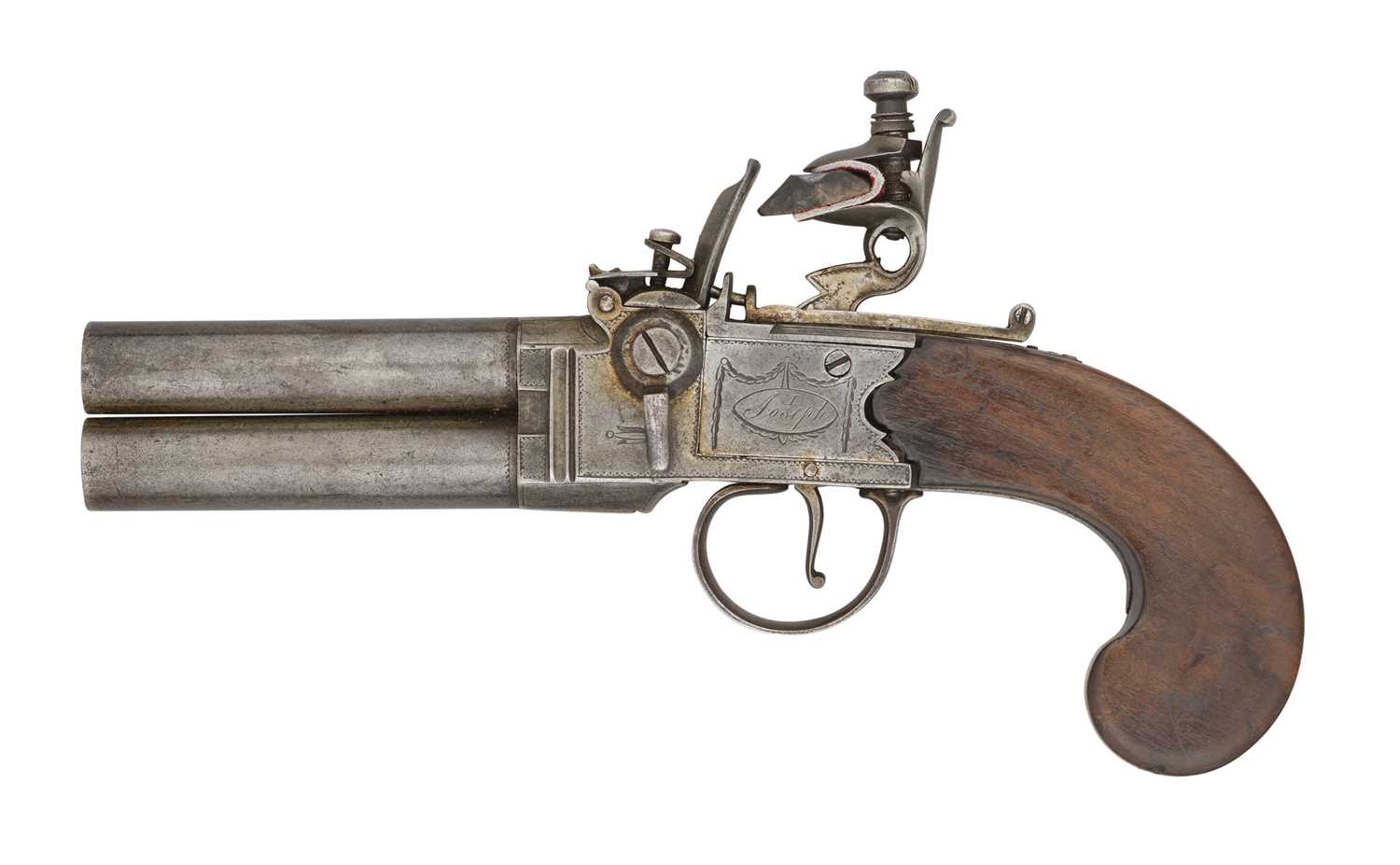 Lot 261 - A 54 BORE OVER-AND-UNDER FLINTLOCK PISTOL,
