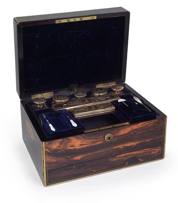 Lot 6 - A VICTORIAN COROMANDEL WOOD BOXED SILVER-GILT TOILET SET