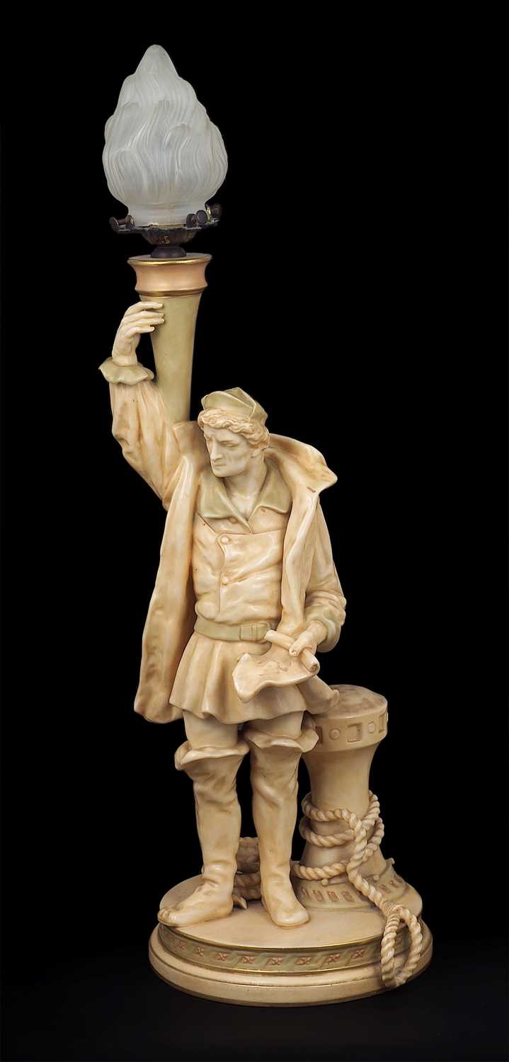 Lot 16 - A 'VELLUM' WARE CHRISTOPHER COLUMBUS FIGURE LAMP