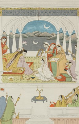 Lot 203 - A LADY WITH ATTENDANTS IN A MOONLIT LAKESIDE PAVILION, PAHARI, INDIA, LATE 19TH CENTURY