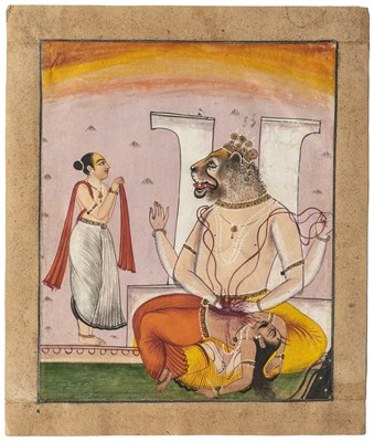 Lot 202 - NARASIMHA DISEMBOWELLING HIRANYAKASHIPU, DECCAN, INDIA, CIRCA 1800