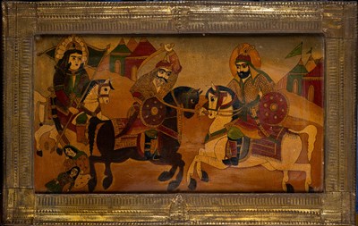 Lot 187 - A REVERSE GLASS PAINTING DEPICTING TWO WARRIORS AND A LADY ON HORSEBACK, PERSIA, CIRCA 1900