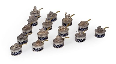 Lot 192 - A SET OF FIFTEEN ITALIAN SILVER-COLOURED-METAL COMBINED PLACE CARD HOLDER SALT CELLARS