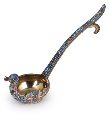 Lot 201 - A RUSSIAN SILVER-GILT AND CLOISONNÃ‰ ENAMEL LADLE OF KOVSH FORM