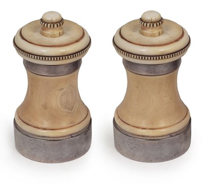 Lot 208 - A PAIR OF SILVER-MOUNTED IVORY PEPPER GRINDERS