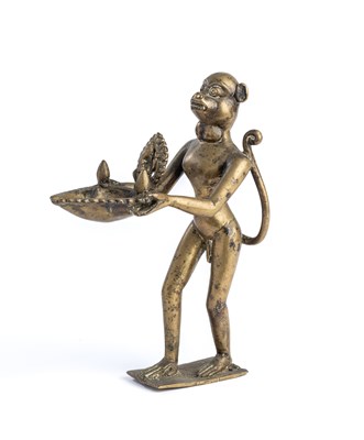 Lot 125 - A BRONZE LAMP IN THE FORM OF THE MONKEY GOD HANUMAN, NEPAL, 19TH CENTURY