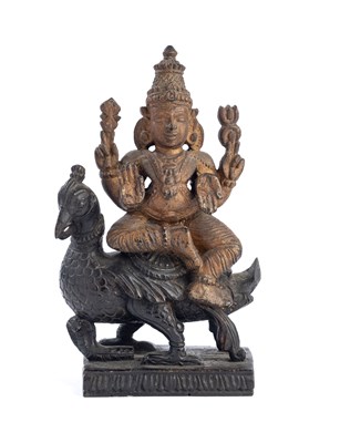 Lot 168 - A CARVED WOOD FIGURE OF SKANDA, SOUTH INDIA, CIRCA 1900