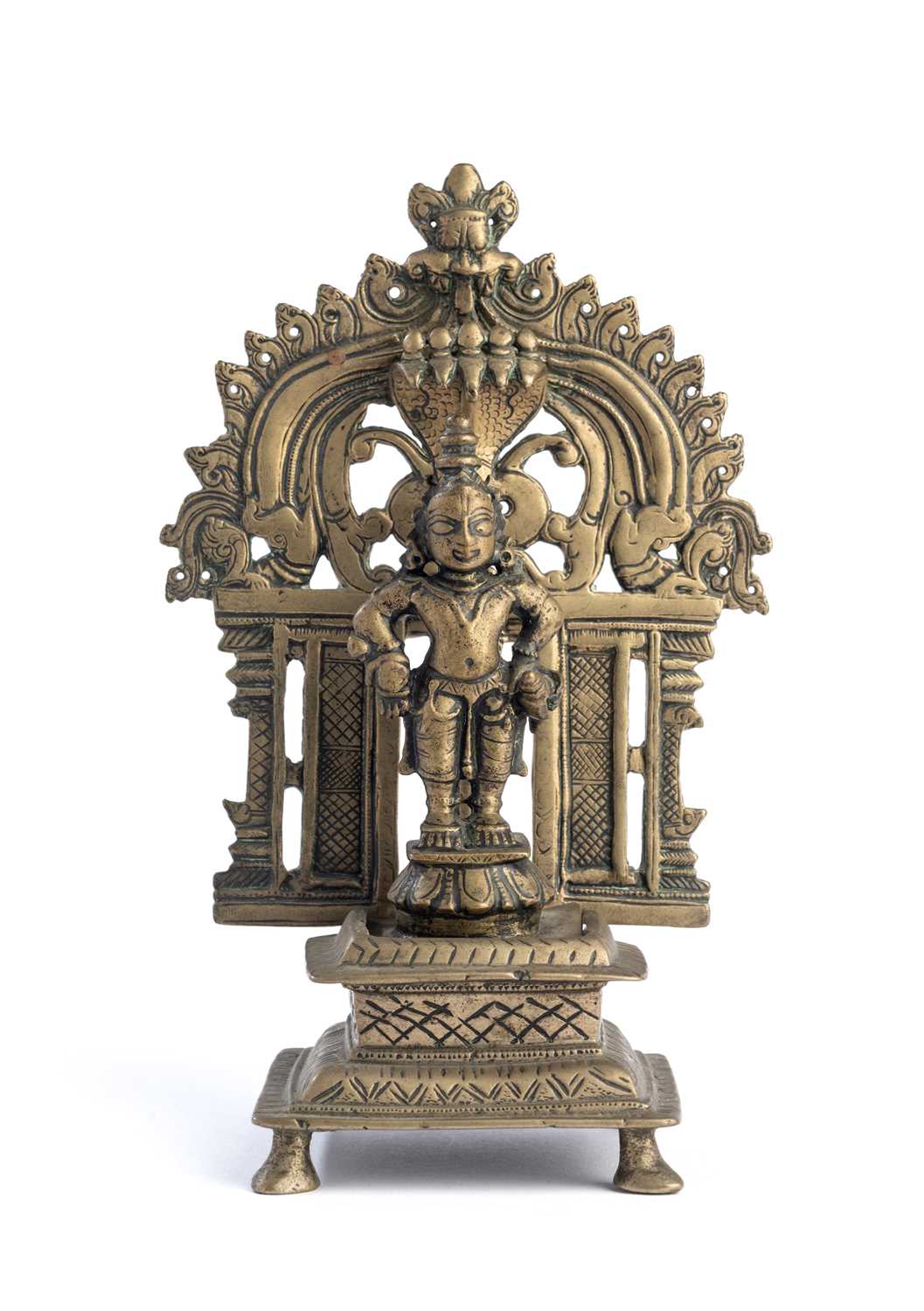 Lot 122 - A BRONZE FIGURE OF VITHOBA IN A SHRINE, WESTERN DECCAN, INDIA, 19TH CENTURY