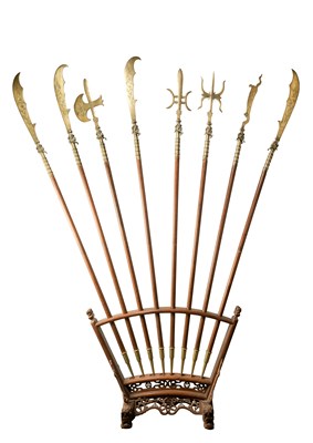 Lot 24 - A DISPLAY OF EIGHT CHINESE HAFTED WEAPONS ON A WOODEN STAND