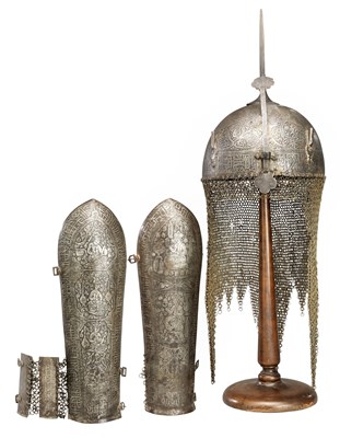 Lot 106 - AN INDO-PERSIAN HELMET (KULAH KHUD) AND TWO ARM DEFENCES (BAZU BANDS)
