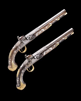 Lot 120 - A FINE PAIR OF 18 BORE FLINTLOCK HOLSTER PISTOLS OF PRESENTATION QUALITY SIGNED BLANCH