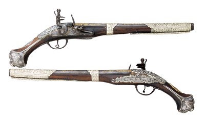 Lot 124 - **A PAIR OF 16 BORE OTTOMAN BALKAN LONG FLINTLOCK KUBUR PISTOLS