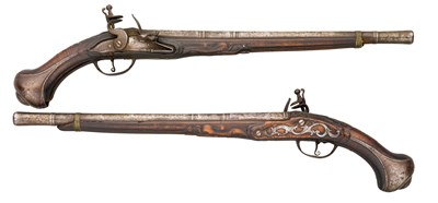 Lot 125 - **A PAIR OF 16 BORE OTTOMAN LONG FLINTLOCK KUBUR PISTOLS